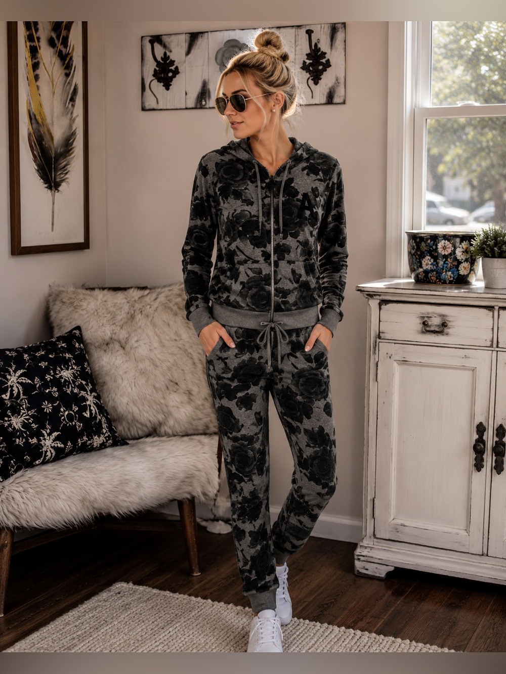 Aeropostale Grey Floral Hoodie & Jogger Set